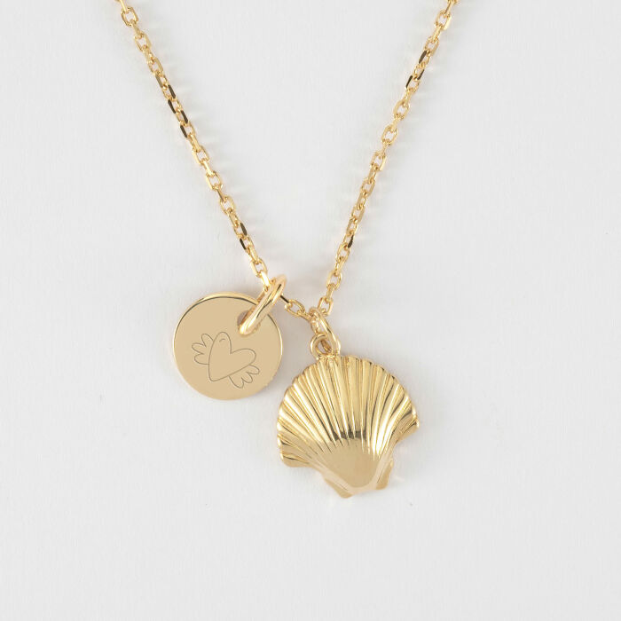 Pendentif enfant personnalisé médaille gravée plaqué or 10 mm et breloque coquillage coque 13 mm - pictogramme