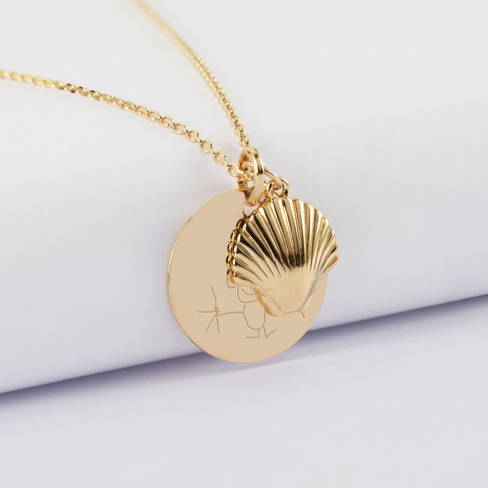 Pendentif personnalisé médaille gravée plaqué or 19 mm et coquillage coque 13 mm - dessin