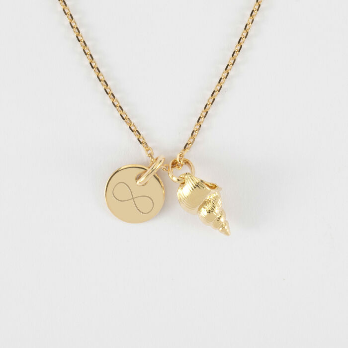Pendentif personnalisé médaille gravée plaqué or 10 mm et breloque coquillage scalaire 12 mm - infini