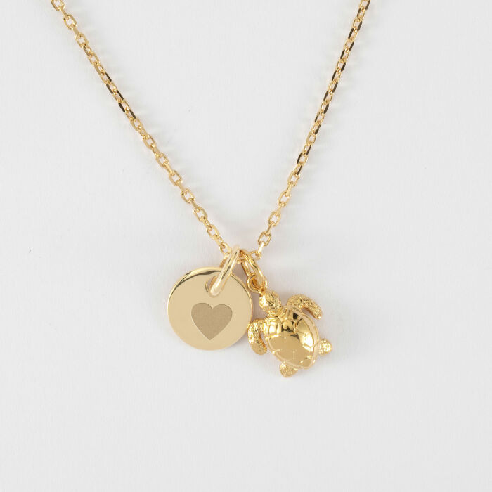 Pendentif personnalisé médaille gravée plaqué or 10 mm et breloque tortue 10 mm - coeur