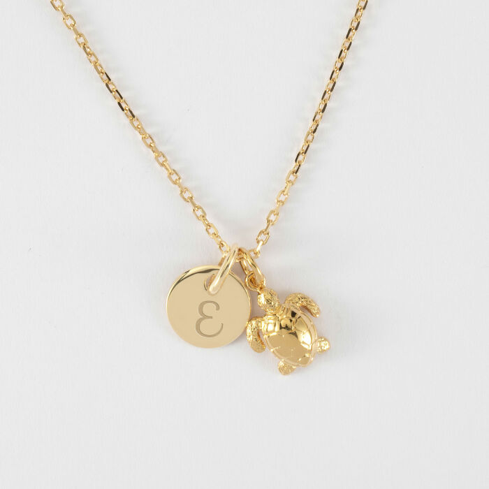 Pendentif enfant personnalisé médaille gravée plaqué or 10 mm et breloque tortue 10 mm - E