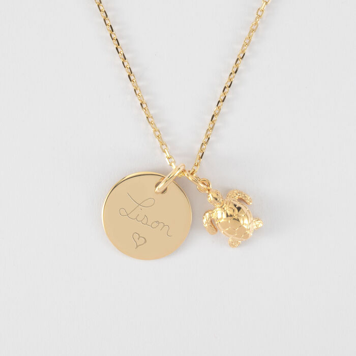 Pendentif enfant personnalisé médaille gravée plaqué or 15 mm et breloque tortue 10 mm - écrit