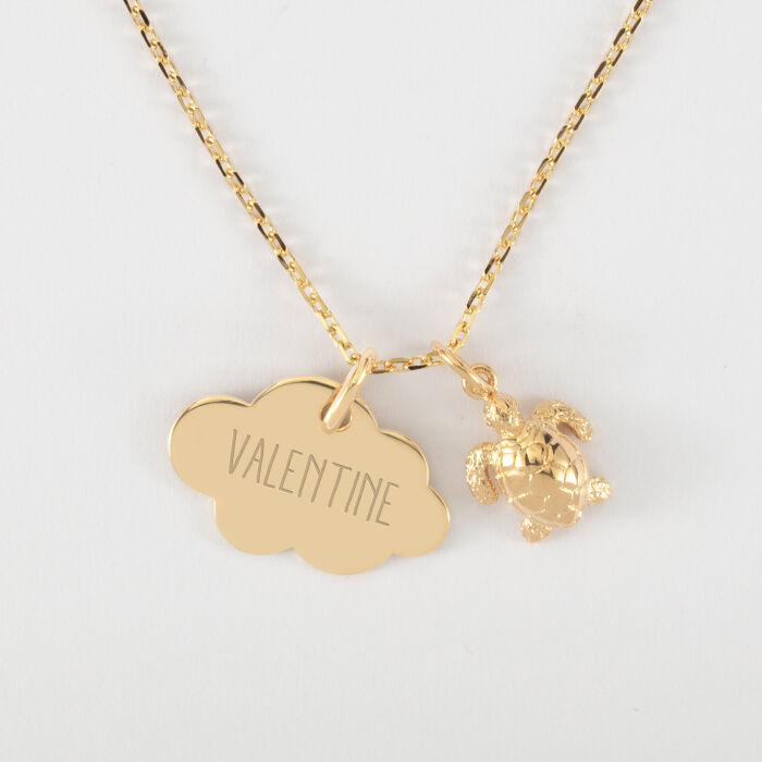 Pendentif enfant personnalisé médaille gravée plaqué or nuage 20x14 mm et breloque tortue 10 mm - prénom