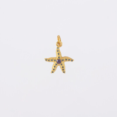 Breloque étoile scintillante zircons bleus plaqué or 15 mm - étoile de face