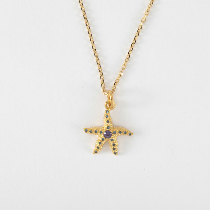 Pendentif étoile de mer scintillante zircons bleus plaqué or 15 mm - recto