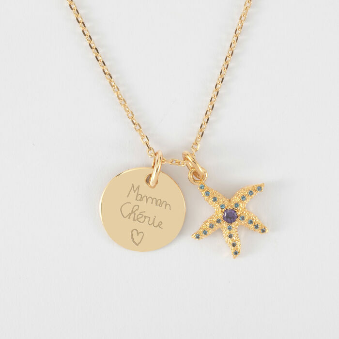 Pendentif personnalisé médaille gravée plaqué or 15 mm et breloque étoile de mer scintillante zircons bleus 15 mm - écrit maman