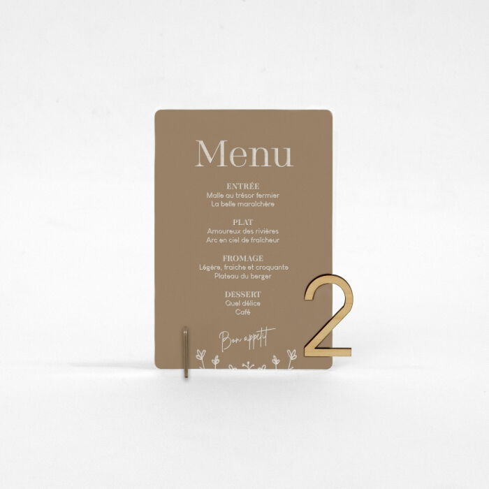 Menu personnalisé acrylique beige 135x196 et numéro de table bois - Bohème