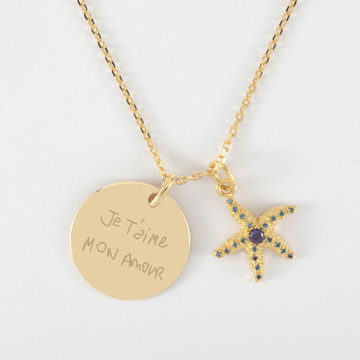 Pendentif personnalisé médaille gravée plaqué or 19 mm et breloque étoile de mer scintillante zircons bleus 15 mm - écrit je t'aime