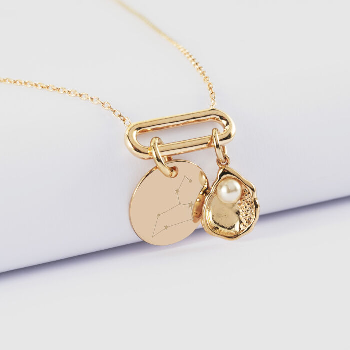Collier chaîne ovale ouvert personnalisé médaille gravée plaqué or 15 mm et breloque coquillage perle blanche - signe astrologique
