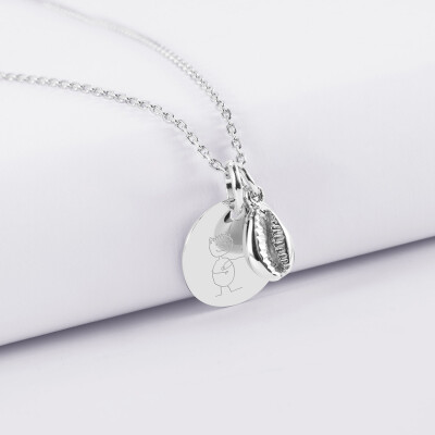 Pendentif personnalisé médaille gravée argent 15 mm et breloque coquillage cauri 10 mm - dessin