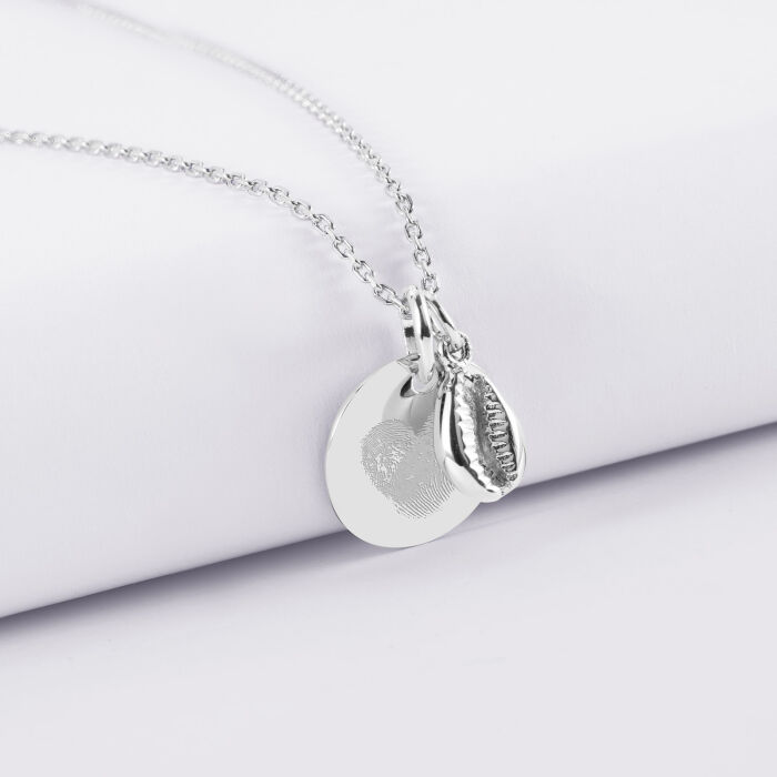 Pendentif personnalisé médaille gravée argent 15 mm et breloque coquillage cauri 10 mm - empreintes digitale coeur