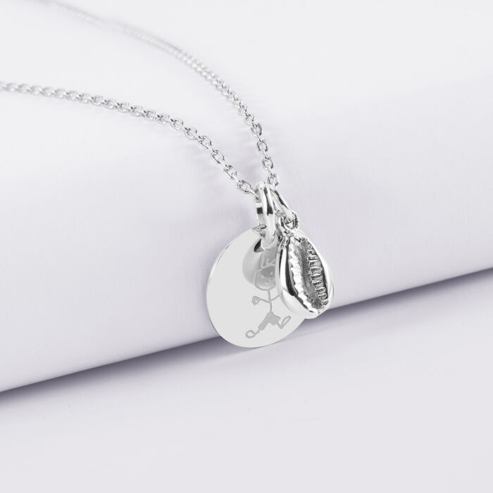 Pendentif enfant personnalisé médaille gravée argent 15 mm et breloque coquillage cauri 10 mm - dessin