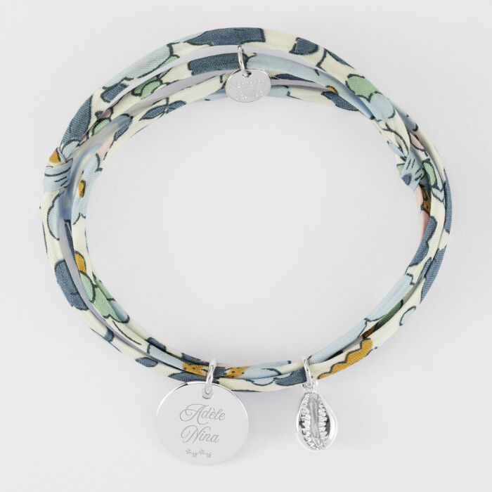 Bracelet 3 tours Liberty personnalisé médaille gravée argent 15 mm et breloque coquillage cauri 10 mm - prénoms