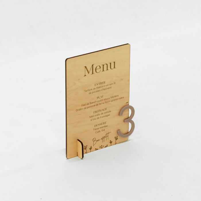 Menu personnalisé bois 135x196 et numéro de table acrylique beige - Bohème