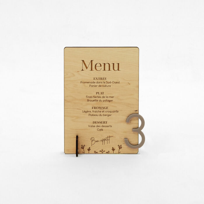 Menu personnalisé bois 135x196 et numéro de table acrylique beige - Bohème