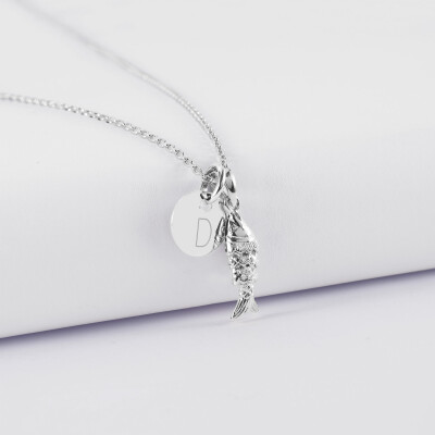 Pendentif personnalisé médaille gravée argent 10 mm et breloque poisson articulé 15 mm - initiale D