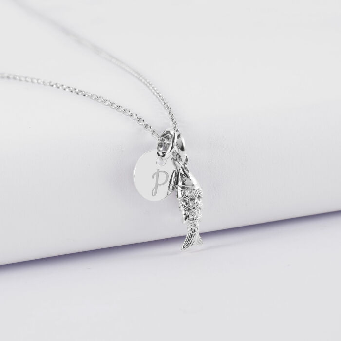 Pendentif personnalisé médaille gravée argent 10 mm et breloque poisson articulé 15 mm - initiale P