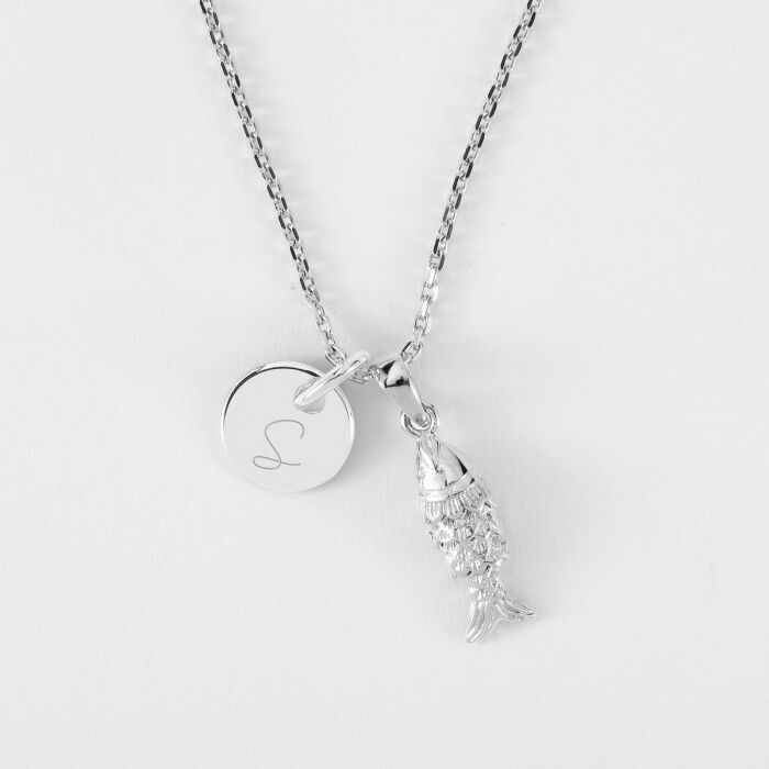 Pendentif personnalisé médaille gravée argent 10 mm et breloque poisson articulé 15 mm - poisson