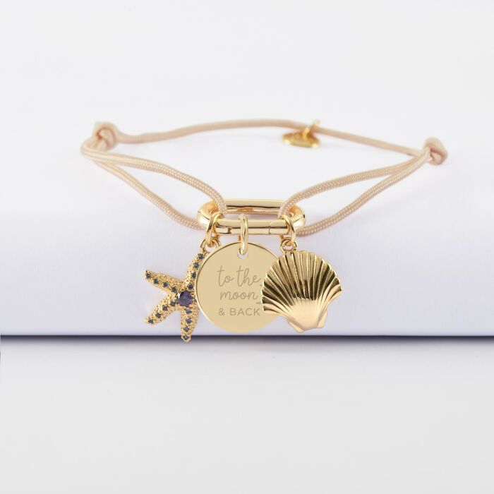 Bracelet personnalisé cordon mousqueton 17x11 mm médaille gravée plaqué or 15 mm et breloque(s) summer - à composer