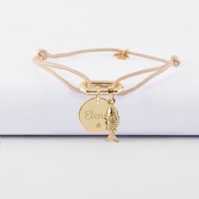 Bracelet personnalisé cordon mousqueton 17x11 mm médaille gravée plaqué or 15 mm et breloque(s) summer - à composer - prénom et pictogramme