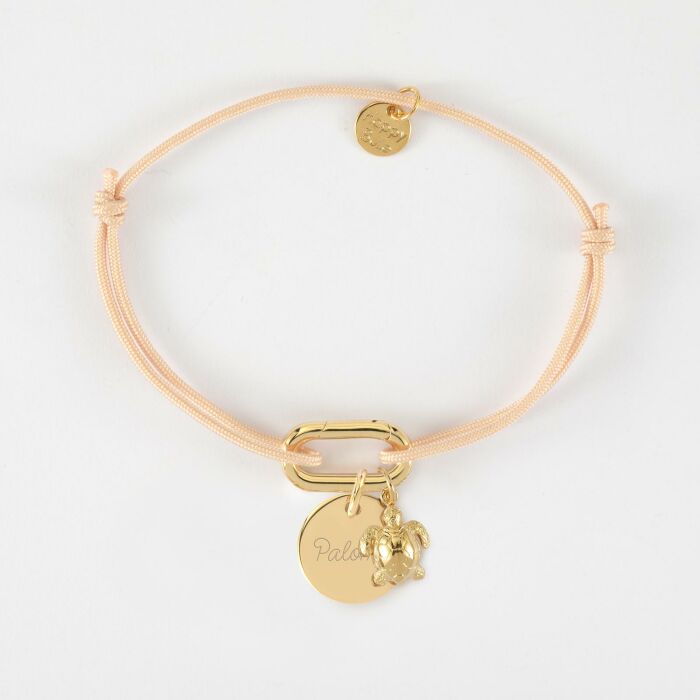 Bracelet personnalisé cordon mousqueton 17x11 mm médaille gravée plaqué or 15 mm et breloque(s) summer - à composer - prénom