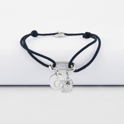 Bracelet personnalisé cordon mousqueton 17x11 mm médaille gravée argent 10 mm et breloque(s) summer - à composer - G