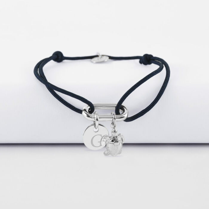 Bracelet personnalisé cordon mousqueton 17x11 mm médaille gravée argent 10 mm et breloque(s) summer - à composer - G