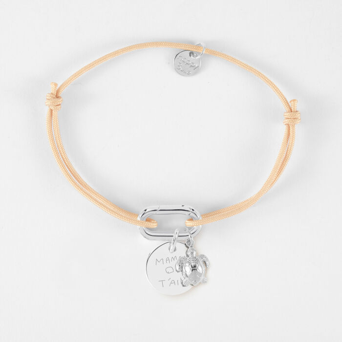 Bracelet personnalisé cordon mousqueton 17x11 mm médaille gravée argent 15 mm et breloque(s) summer - à composer - écrit maman