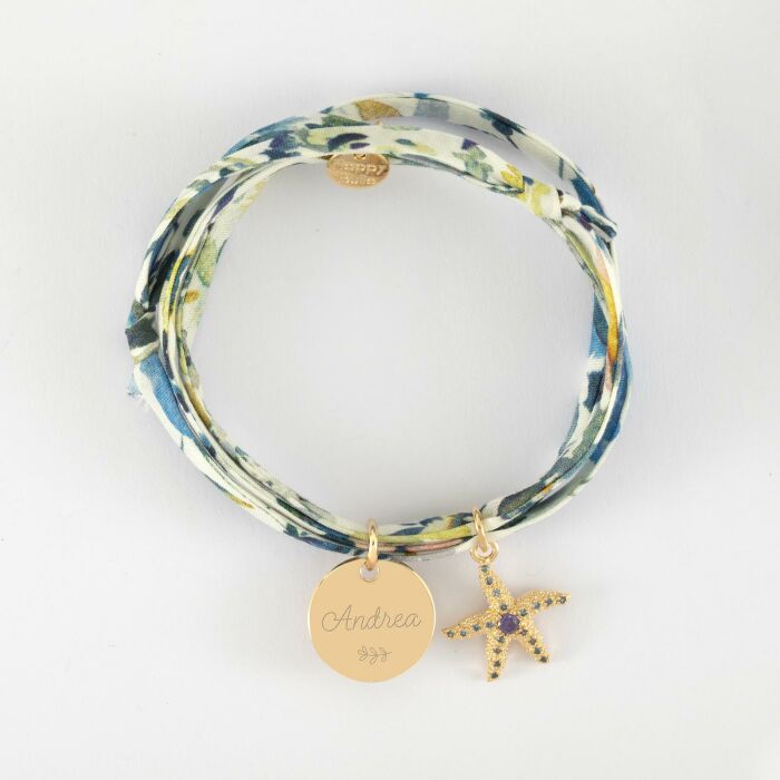 Bracelet 3 tours Liberty personnalisé médaille gravée plaqué or 15 mm et breloque(s) summer - à composer - prénom et ornemement