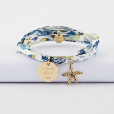 Bracelet 3 tours Liberty personnalisé médaille gravée plaqué or 15 mm et breloque(s) summer - à composer - illustration maman