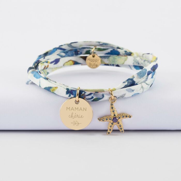 Bracelet 3 tours Liberty personnalisé médaille gravée plaqué or 15 mm et breloque(s) summer - à composer - illustration maman