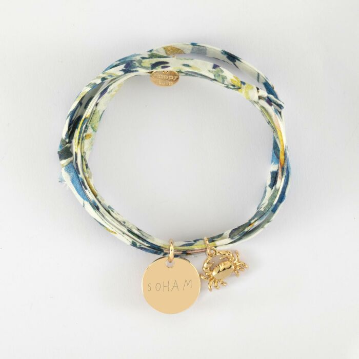Bracelet 3 tours Liberty personnalisé médaille gravée plaqué or 15 mm et breloque(s) summer - à composer - prénom écrit