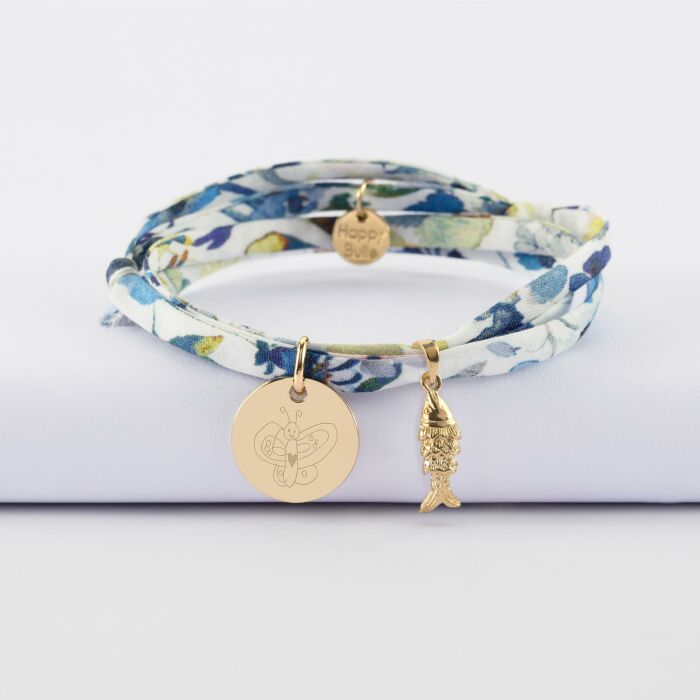 Bracelet 3 tours Liberty personnalisé médaille gravée plaqué or 15 mm et breloque(s) summer - à composer - dessin