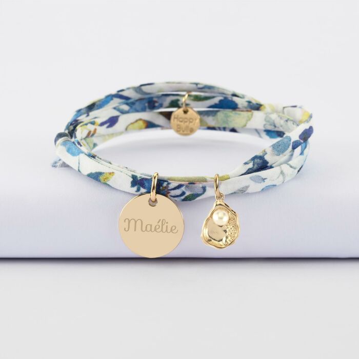 Bracelet 3 tours Liberty personnalisé médaille gravée plaqué or 15 mm et breloque(s) summer - à composer - prénom