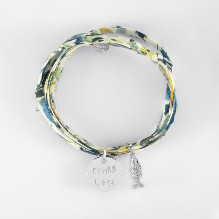 Bracelet 3 tours Liberty personnalisé médaille gravée argent 15 mm et breloque(s) summer - à composer - écrits prénoms