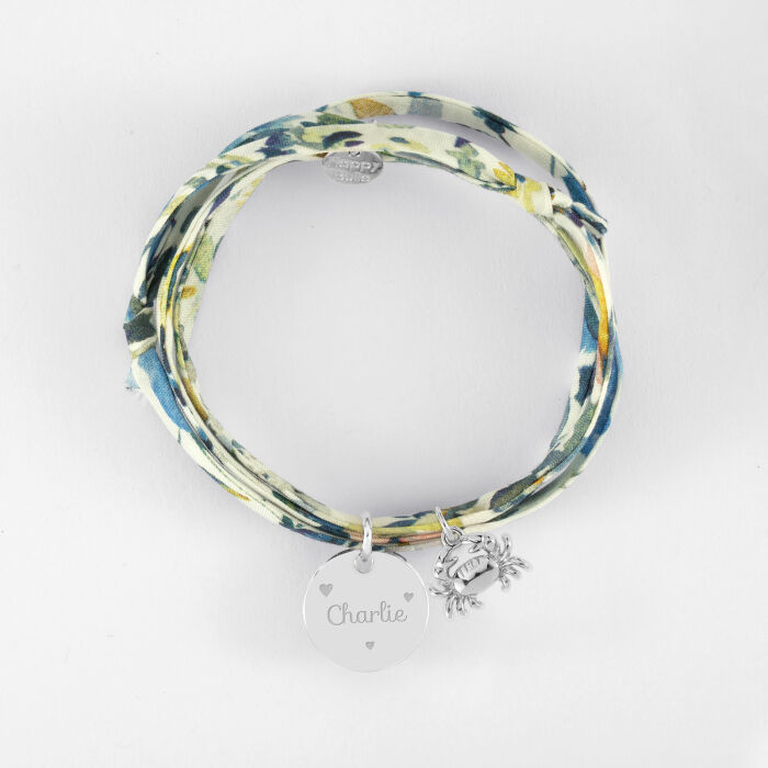 Bracelet 3 tours Liberty personnalisé médaille gravée argent 15 mm et breloque(s) summer - à composer - prénom