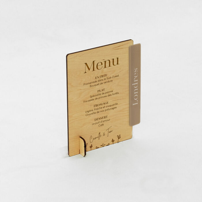 Menu personnalisé bois 135x196 et nom de table acrylique beige - Bohème