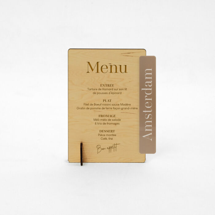 Menu personnalisé bois 135x196 et nom de table acrylique beige - Bohème