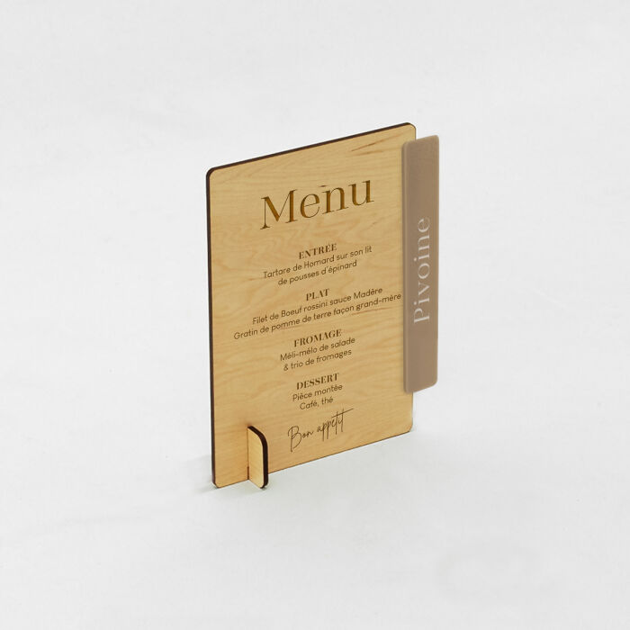 Menu personnalisé bois 135x196 et nom de table acrylique beige - Bohème