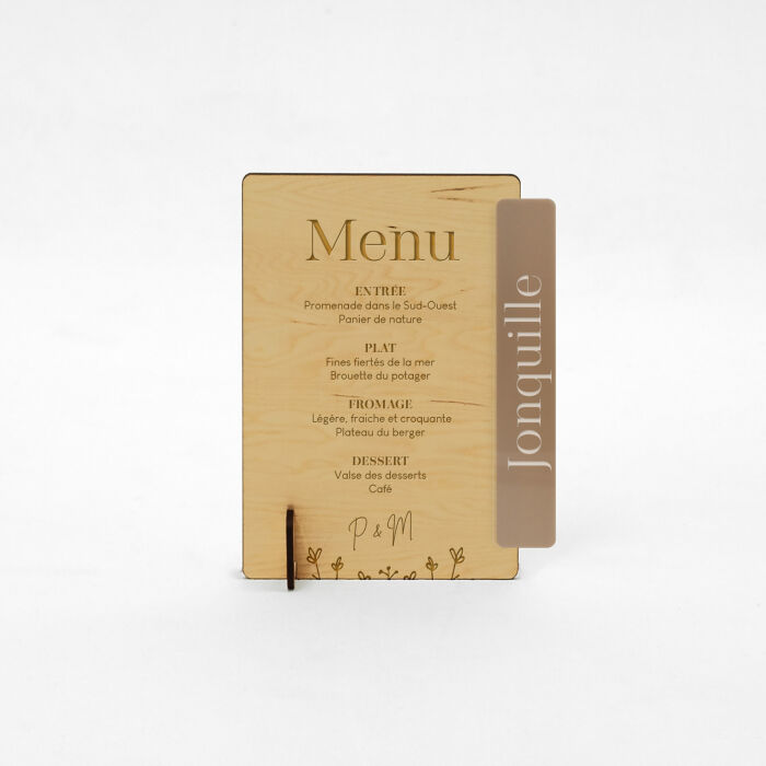 Menu personnalisé bois 135x196 et nom de table acrylique beige - Bohème