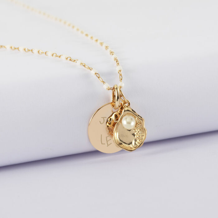 Collier perles Miyuki colorées personnalisé médaille gravée plaqué or 15 mm et breloque(s) summer - à composer - prénoms