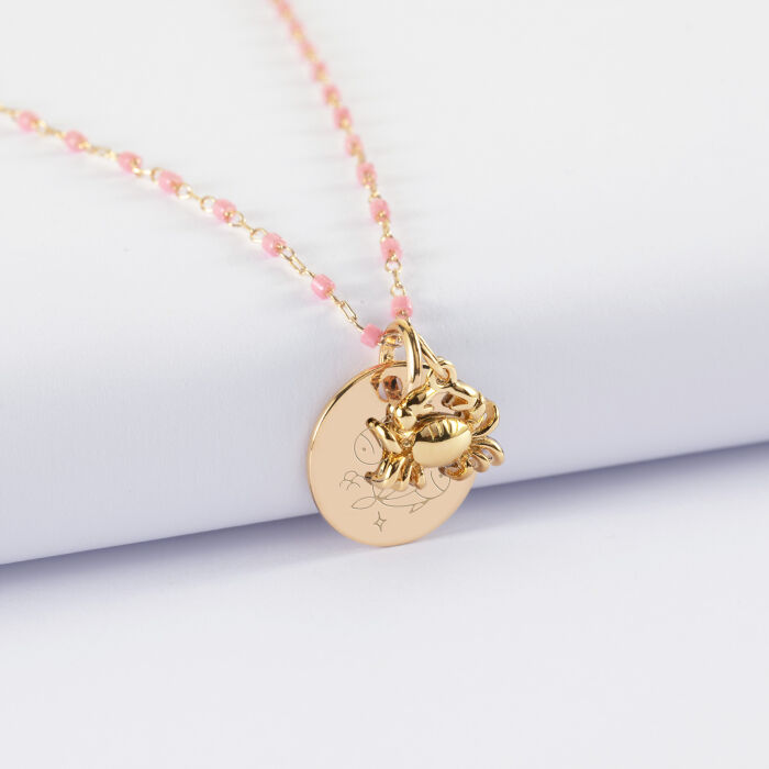 Collier perles Miyuki colorées personnalisé médaille gravée plaqué or 15 mm et breloque(s) summer - à composer - signe astrologique