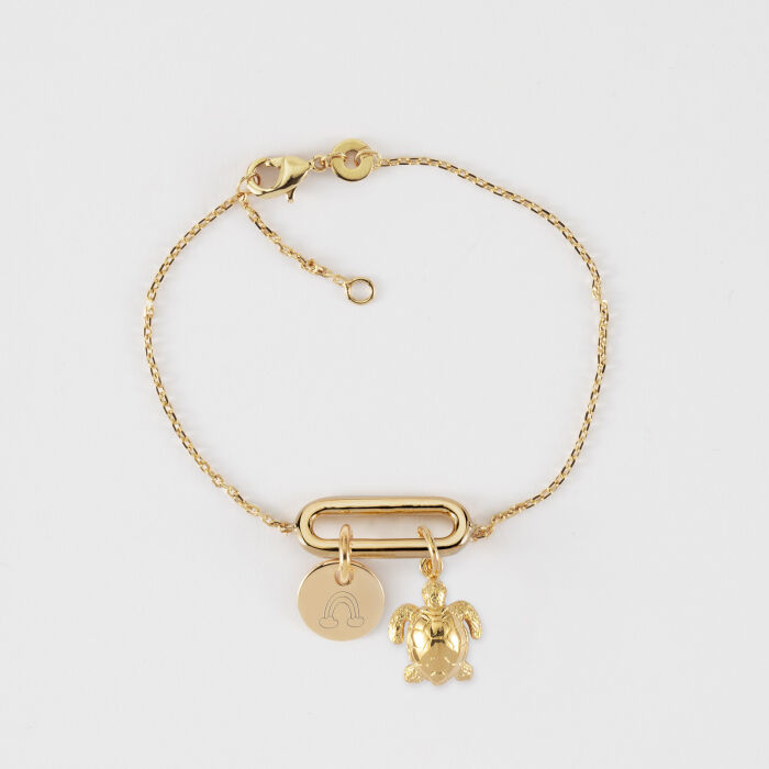 Bracelet chaîne ovale ouvert personnalisé médaille gravée plaqué or 10 mm et breloque(s) summer - à composer - pictogramme arc en ciel