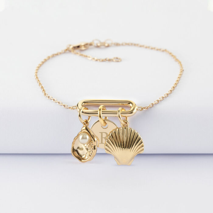 Bracelet chaîne ovale ouvert personnalisé médaille gravée plaqué or 10 mm et breloque(s) summer - à composer - initiale R