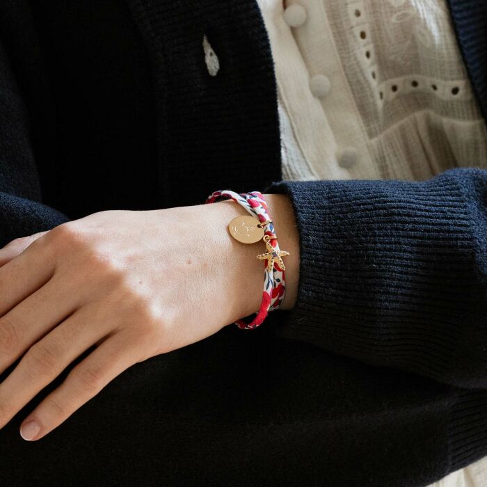 Bracelet 3 tours Liberty personnalisé médaille gravée plaqué or 15 mm et breloque(s) summer - à composer - dessin