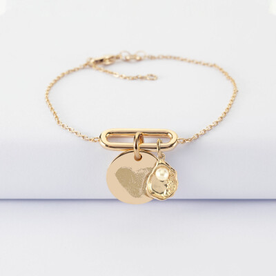 Bracelet chaîne ovale ouvert personnalisé médaille gravée plaqué or 15 mm et breloque(s) summer - à composer- empreinte digitale