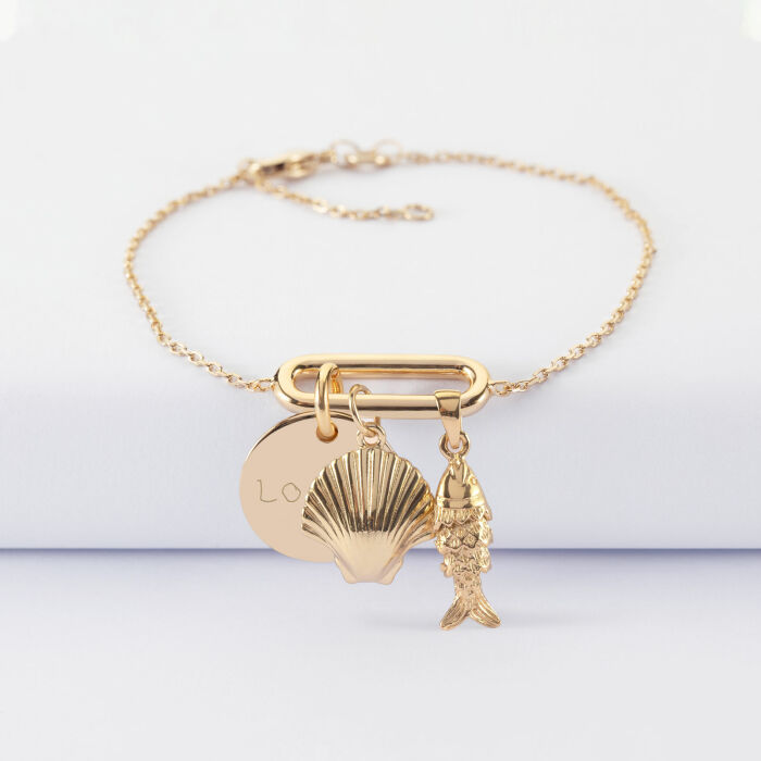 Bracelet chaîne ovale ouvert personnalisé médaille gravée plaqué or 15 mm et breloque(s) summer - à composer - écrit prénom