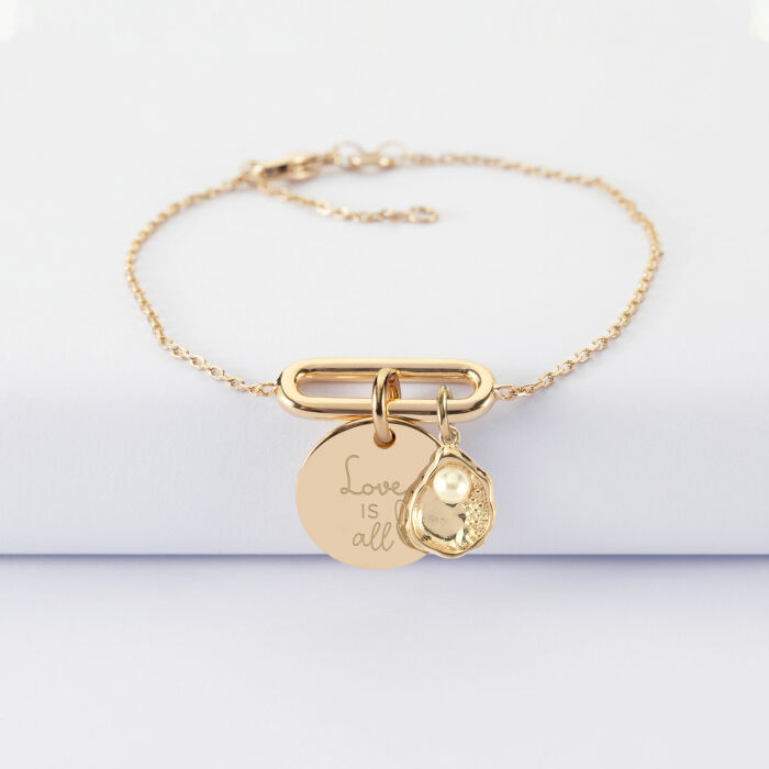 Bracelet chaîne ovale ouvert personnalisé médaille gravée plaqué or 15 mm et breloque(s) summer - à composer - illustration amour