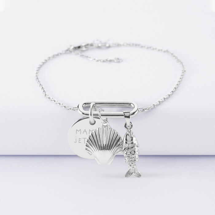 Bracelet chaîne ovale ouvert personnalisé médaille gravée argent 15 mm et breloque(s) summer - à composer - écrits maman