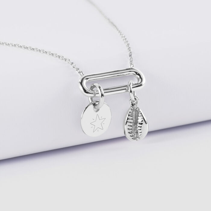 Collier chaîne ovale ouvert personnalisé médaille gravée argent 10 mm et breloque(s) summer - à composer - étoile pictogramme